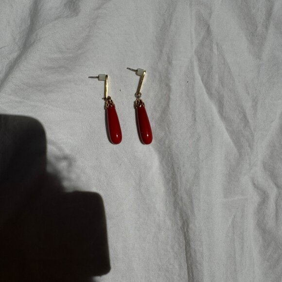 Real Red Coral and 24k Gold Plated Drop Earrings Victorian Regency Style - Picture 5 of 10
